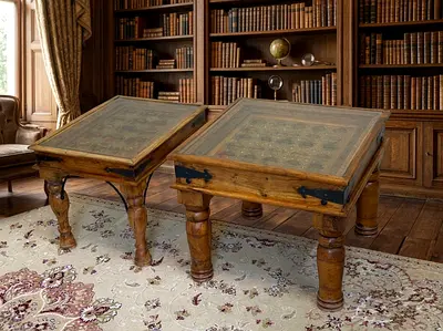 Pair of Antique Solid Wood Side Tables with Inlaid Tops