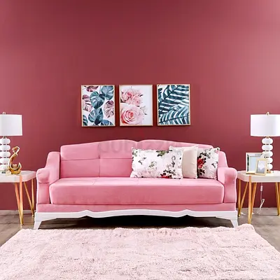 Pink Velvet 3-Seater Sofa with White Trim