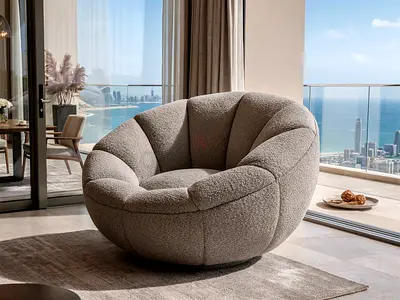 Barrel Swivel Accent Chair – Bouclé Upholstery, Sculpted Channel Tufting