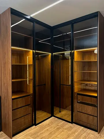 Custom L-shaped Wooden Wardrobe with Glass Doors and LED Lighting