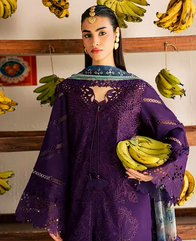 Purple embroidered 3-piece unstiched nureh brand with chiffon mukesh kari duppata