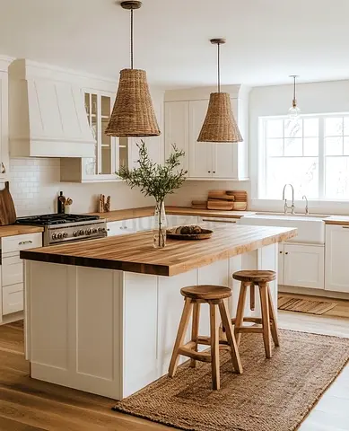 Solid Wood Kitchen Island with Stools and Rattan Pendant Lights