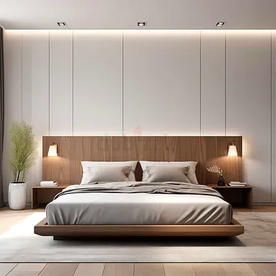 Modern Low-Platform Wooden Bed with Headboard and Side Tables
