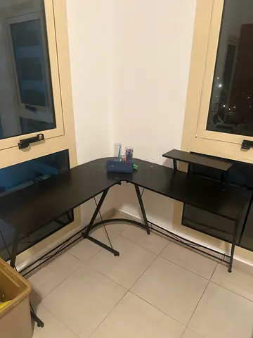 L-shaped black metal & wood study desk (good condition)