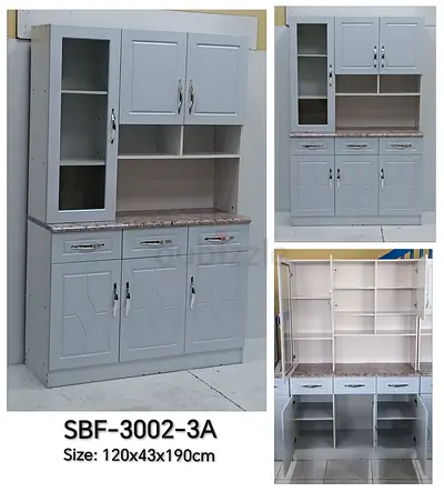 Tall Grey Kitchen Storage Cabinet with Drawers & Shelves - 120x43x190cm