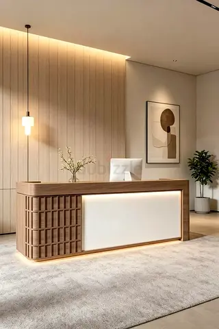 Modern wooden reception desk with white front panel