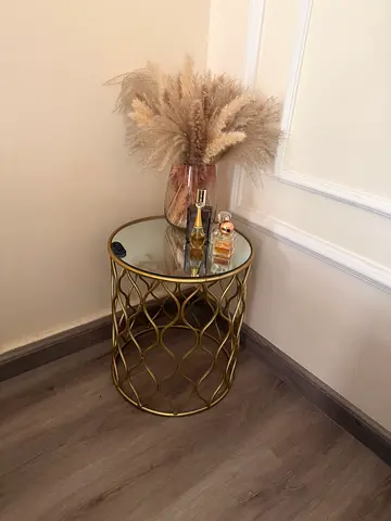 Gold metal round side table with mirrored top