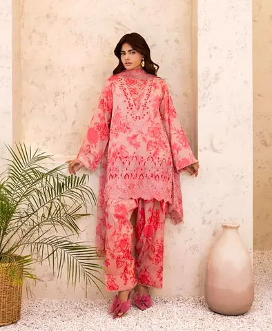 Pink Floral Embroidered Women's 3 piece unstiched dress with cut work chiffon embroidered duppata