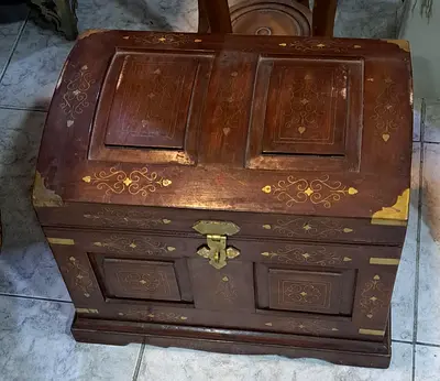 Antique Wooden Brass-Inlay Chest / Vintage Trunk