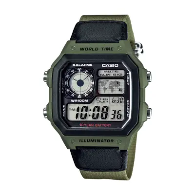 Casio AE-1200WHB-3BVDF World Time Digital Watch - Green/Black, 10-Year Battery