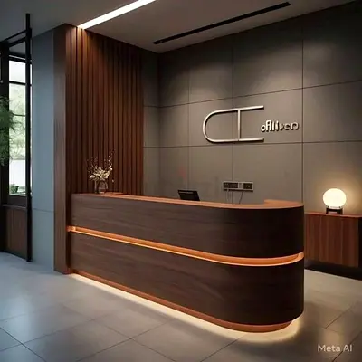 Modern curved wooden reception desk / office fit-out | Custom made reception desk for sale