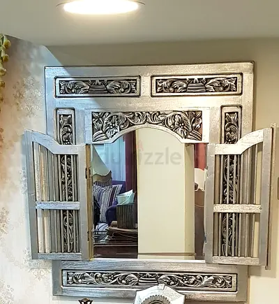 Wood Carved Wall Mirror with Shutter-Style Doors - Silver Finish