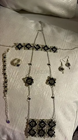 Handmade Silver-tone black crystal necklace set with matching bracelet, ring and earrings