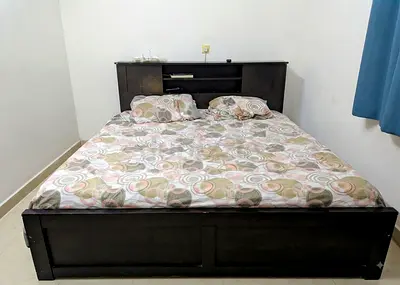 Dark Wooden Double Bed  and mattress with Headboard Storage  - Good Condition