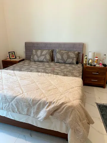Queen bed frame with headboard and 2 side tables + brand new mattress + 2 medicated pillows+ dresser