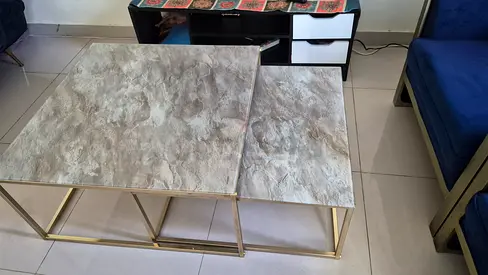 Set of 2 Nesting Marble-Top Coffee Tables with Gold Frame