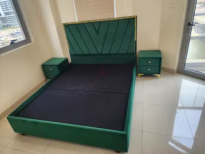 Green Velvet Bed Frame with Two Matching Nightstands