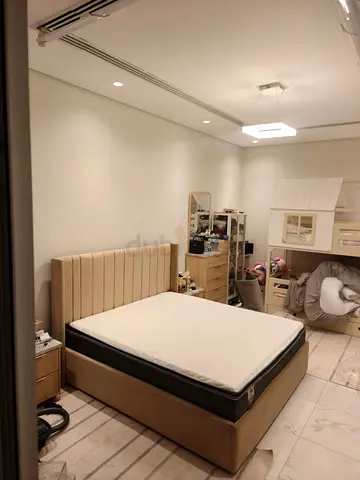 Beige Upholstered Double Bed with Mattress — Good Condition