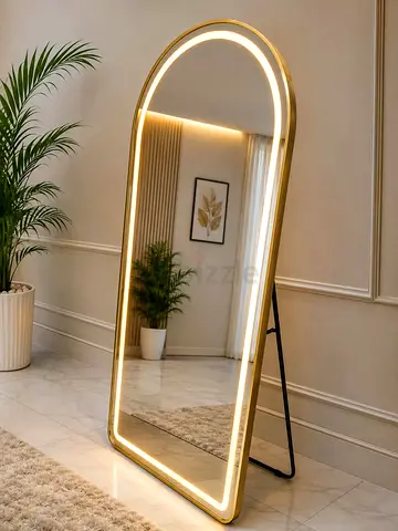 Full-Length Arched LED Floor Mirror with Gold Frame