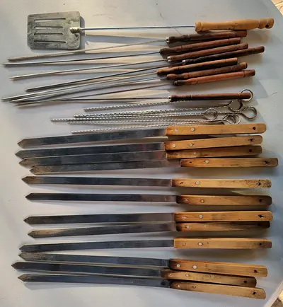 Set of metal barbecue skewers and grilling tools (20+ pieces)