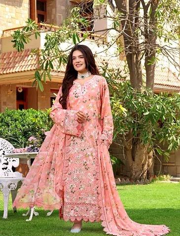 Light Pink Floral Embroidered Lawn Suit with Dupatta brand aneelas - Size M