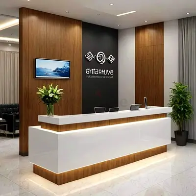 Modern white high-gloss reception desk with wood accents | Custom made reception desk