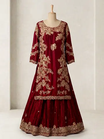 Maroon Embroidered Traditional Women's Lehenga Set, Brand- Ikram Kashmir from Pakistan. CANCAN FREE