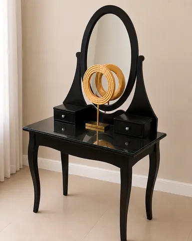 Black Wooden Vanity Table with Oval Mirror and Drawers