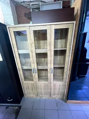 Modern Light Wood Three-Door Glass Display Cabinet