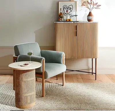 Crate and Barrel set of Bar Cabinet and bookcase Modern in fluted style in oak