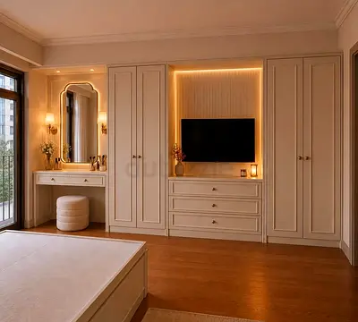 Built-in bedroom wardrobe with TV unit and dressing table - beige finish