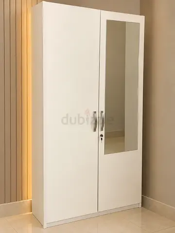 Modern White 2-Door Wardrobe with Mirror and Lock