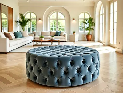 Ottoman round blue velvet