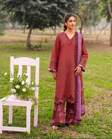 Maroon Embroidered unstiched chicken kari with printed trouser with chiffon duppata ramsha brand