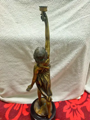 Bronze-tone Figure Candlestick Sculpture on Wooden Base