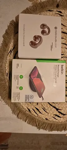 Moto Buds Loop wireless earbuds (new in box) + Belkin BoostCharge wireless charging pad (unused)