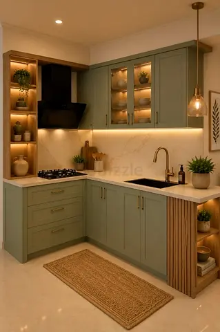 Used L-shaped Green Shaker Kitchen Cabinets with Quartz Countertop