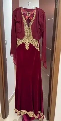 Maroon Velvet Evening Dress with Gold Embroidery / فستان