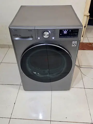 LG Dual Inverter Heat Pump 9kg front-load tumble dryer featuring ThinQ smart connectivity and a slee