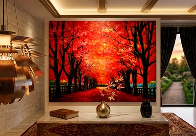 Large Framed Autumn Trees Painting - Vibrant Red Landscape Artwork