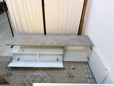 Low TV Unit / Media Console with Concrete-Effect Top - White