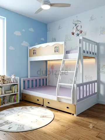 Wooden White & Pastel Bunk Bed with Storage - Good Condition