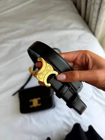 Celine Triomphe 25mm Black Leather Belt with Gold Buckle - Authentic