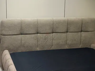 Beige Upholstered Bed Frame with Padded Headboard - Queen/Double