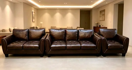 Brown leather 3-piece living room sofa set (3-seater, 2-seater, armchair)