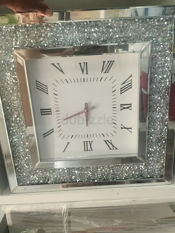 Square Mirrored Wall Clock with Crystal Accent Frame