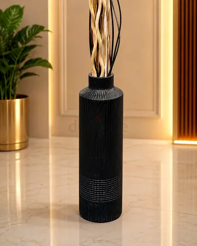 Tall Black stone Decorative Floor Vase with Textured Finish