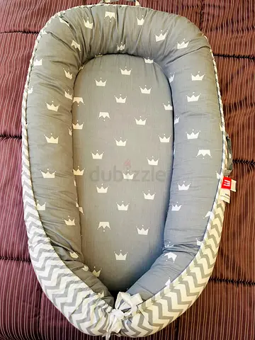 Baby Lounger Nest with Pillow - Portable Infant Bed (Gray Chevron with Crown Print)