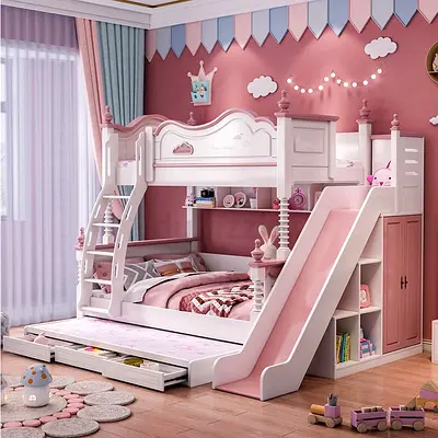 Pink Princess Bunk Bed with Slide and Storage