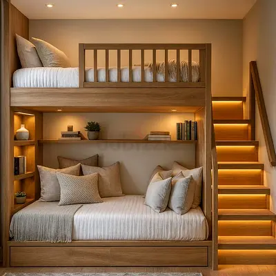 Solid Wood Bunk Bed with Storage and LED-lit Stairs